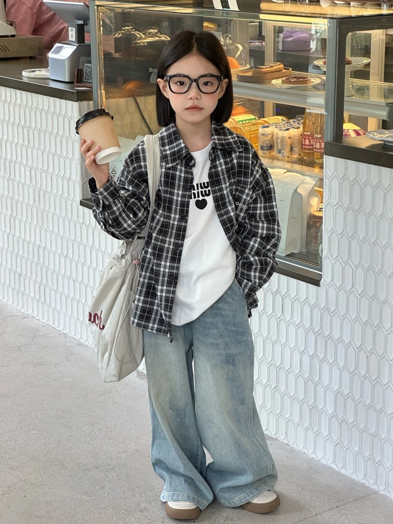 女童秋季2025新款长袖衬衫韩版休闲中大童女孩百搭磨白牛仔裤套装