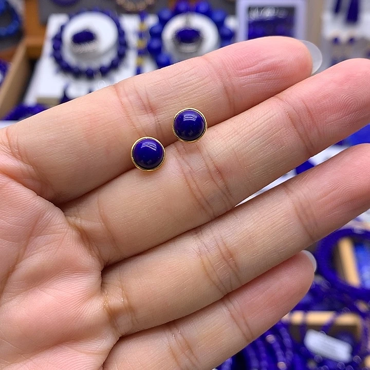 青金石银S925镀金镶嵌耳钉