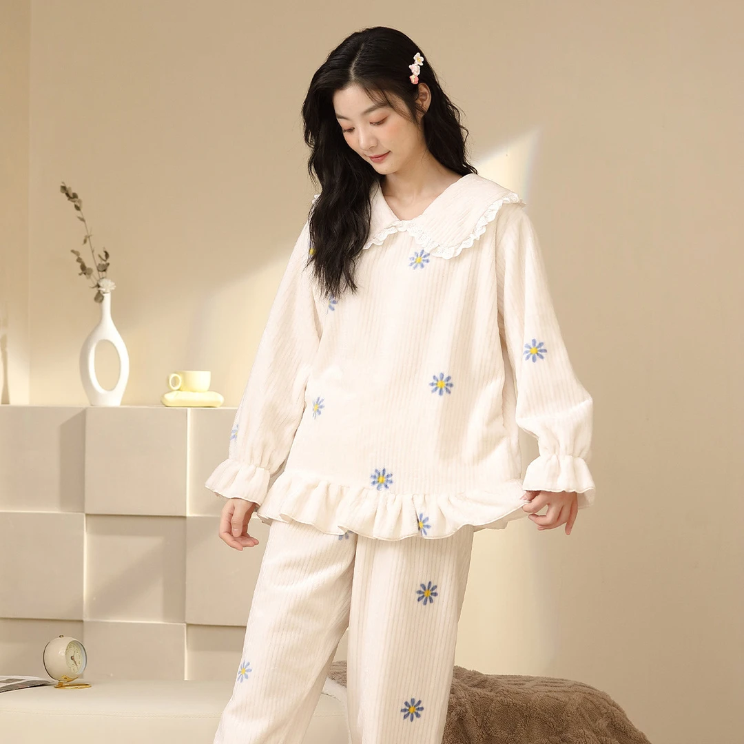 女士保暖居家服双面绒长袖套装厚款