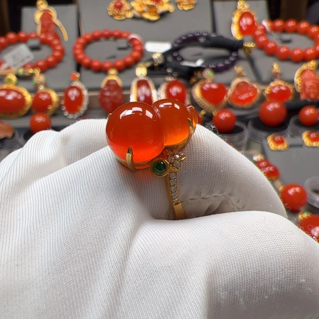 南红玛瑙银S925镶嵌戒指双12福利原矿精品925银葫芦女戒