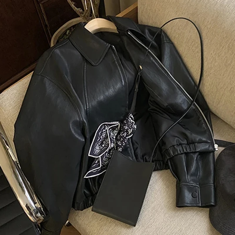 美式气质时尚小众简约超软皮衣外套女士2025春季宽松百搭独特上衣