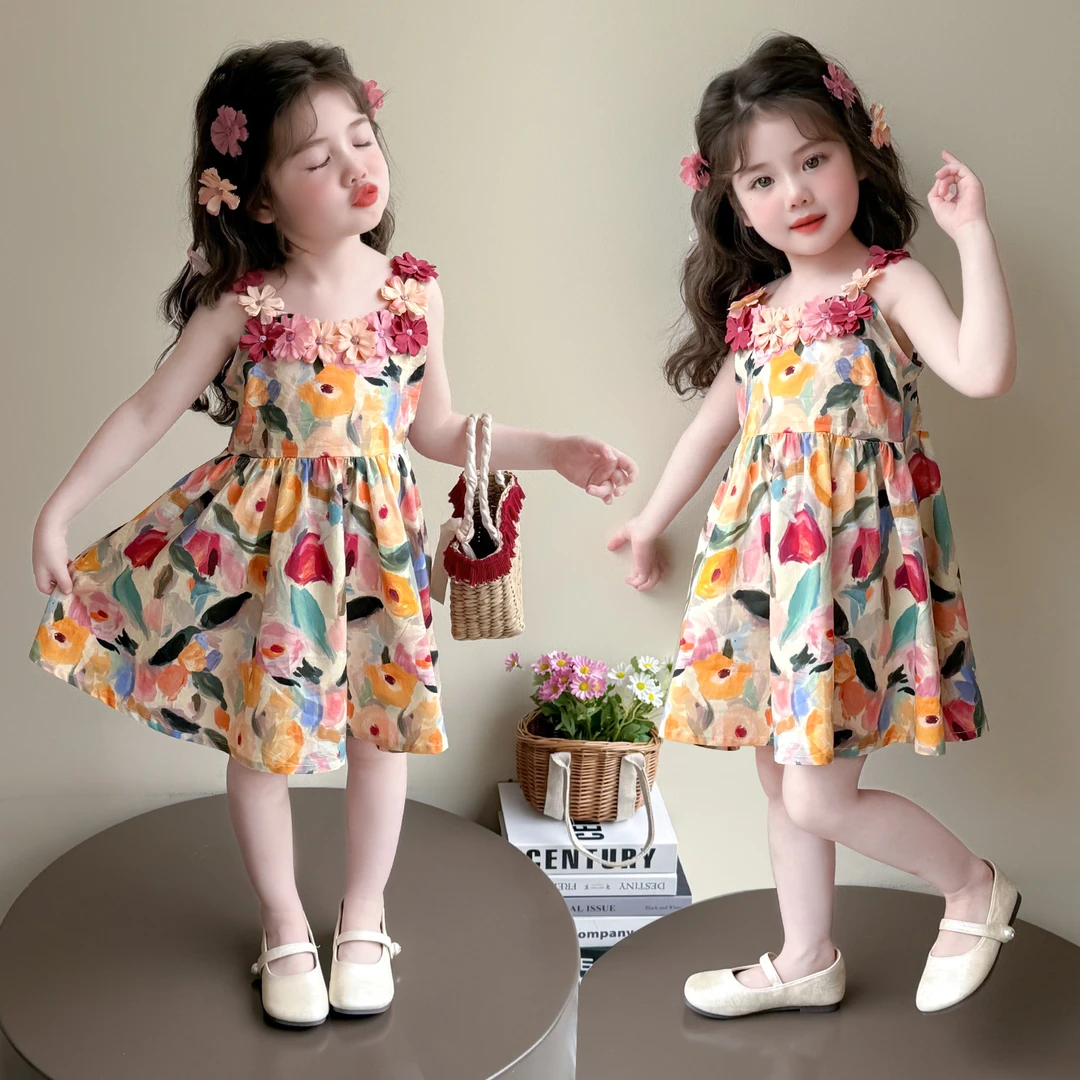 女童裙子夏装薄款儿童公主裙夏天小童女宝宝仙女花朵吊带连衣裙潮
