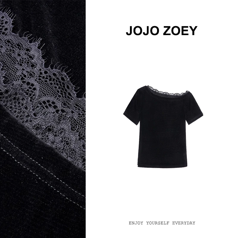 JOJO ZOEY【清仓NO退换】花边绣雾~气质蕾丝花边一字肩短袖dx-3939