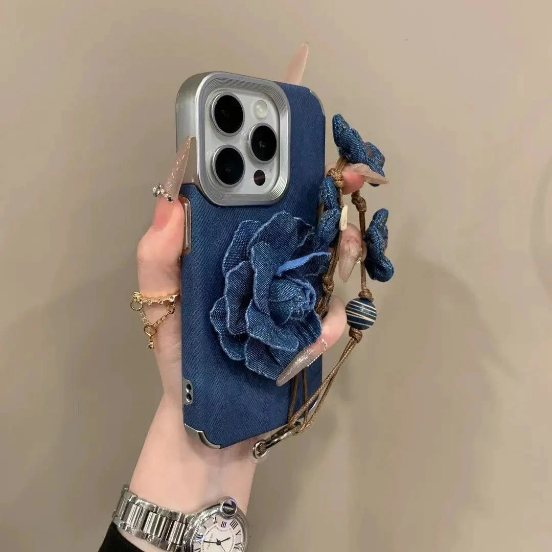 山茶花布艺手机壳适用苹果17Air/16/15/14秋冬新款iPhone13牛仔纹