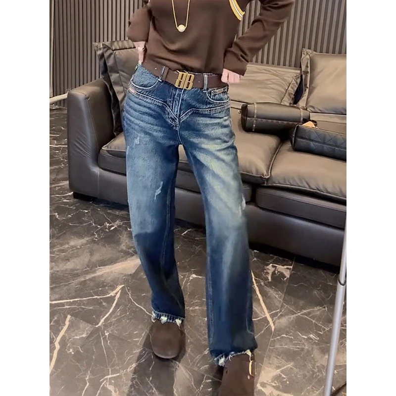 时尚复古窄版牛仔裤女秋季新款蓝色高腰显瘦美式韩系宽松阔腿裤