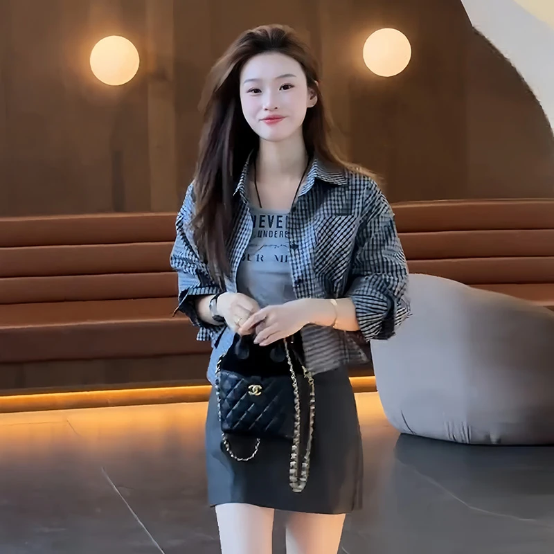 短款格子衬衫小个子衬衣女2025早秋新款宽松洋气百搭长袖薄款外套