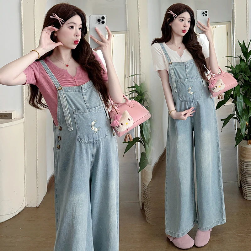 夏季孕妇背带裤套装2025新款时尚洋气牛仔阔腿裤休闲减龄两件套