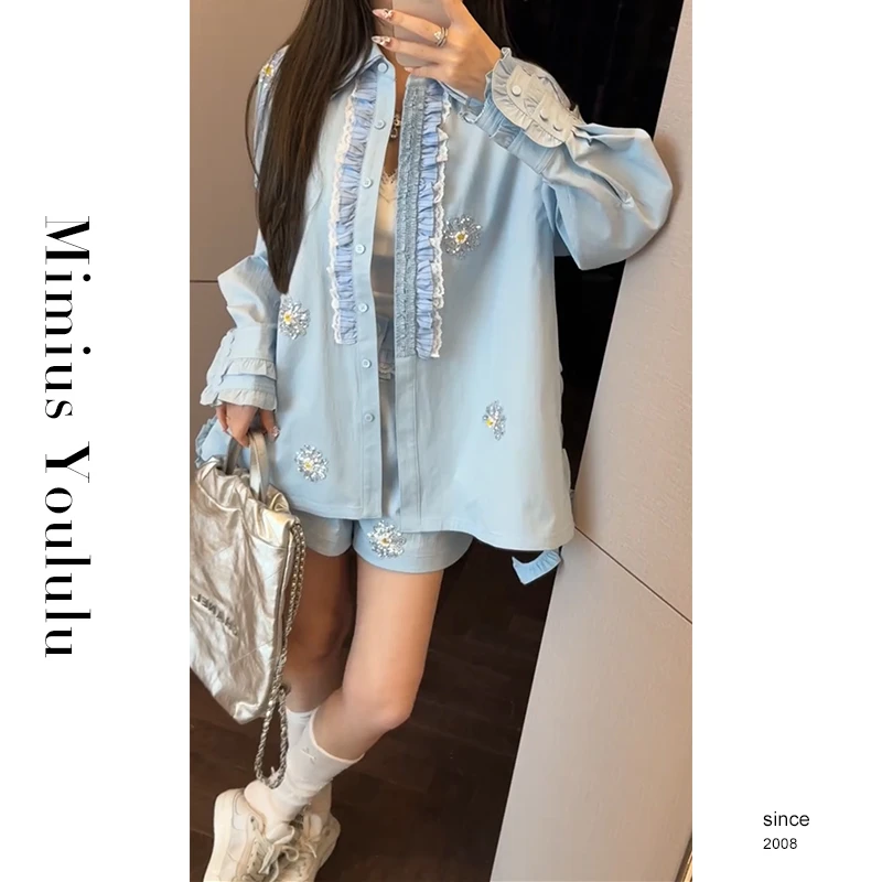 【mimius】&C游鹿鹿 小雏菊立体钉珠手工刺绣衬衫+高腰短裤 G02176