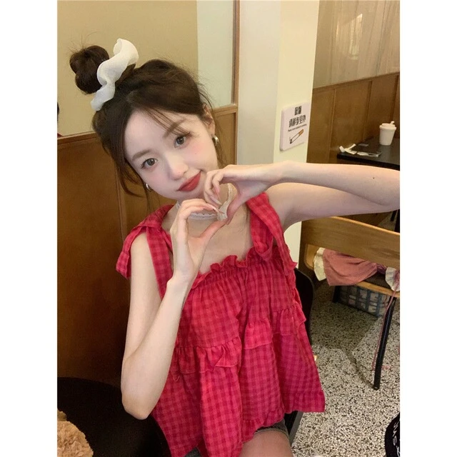 2025夏季小甜心又欲又时尚新款系带格子蝴蝶结甜美百搭吊带上衣