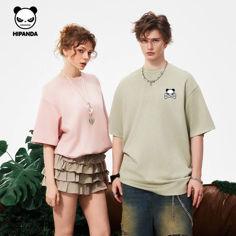 HiPanda你好熊猫时尚麂皮绒t恤男夏季宽松半袖小众休闲情侣款上衣