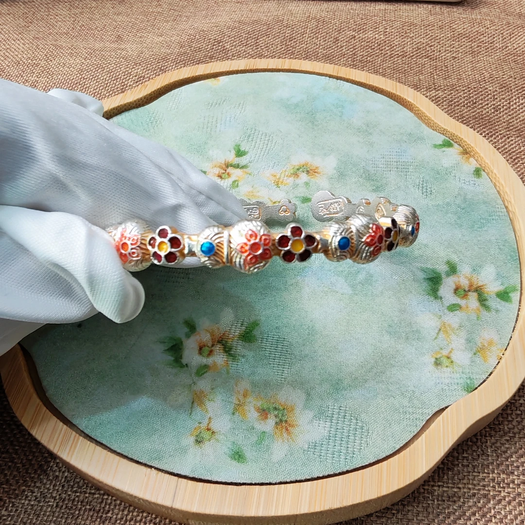 足银手镯 金葫芦宝相花开口手镯足银复古