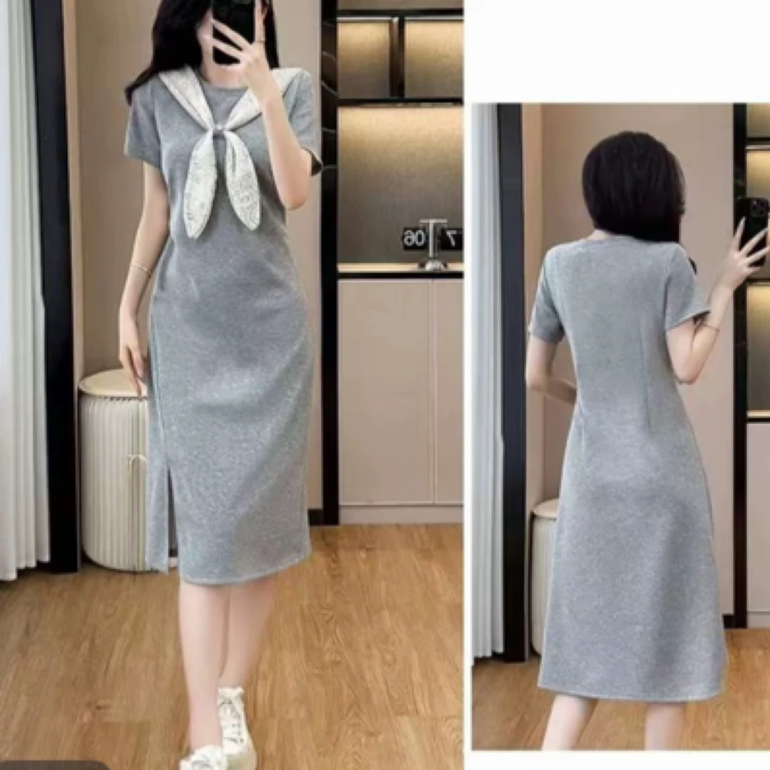 蝴蝶结气质中长连衣裙