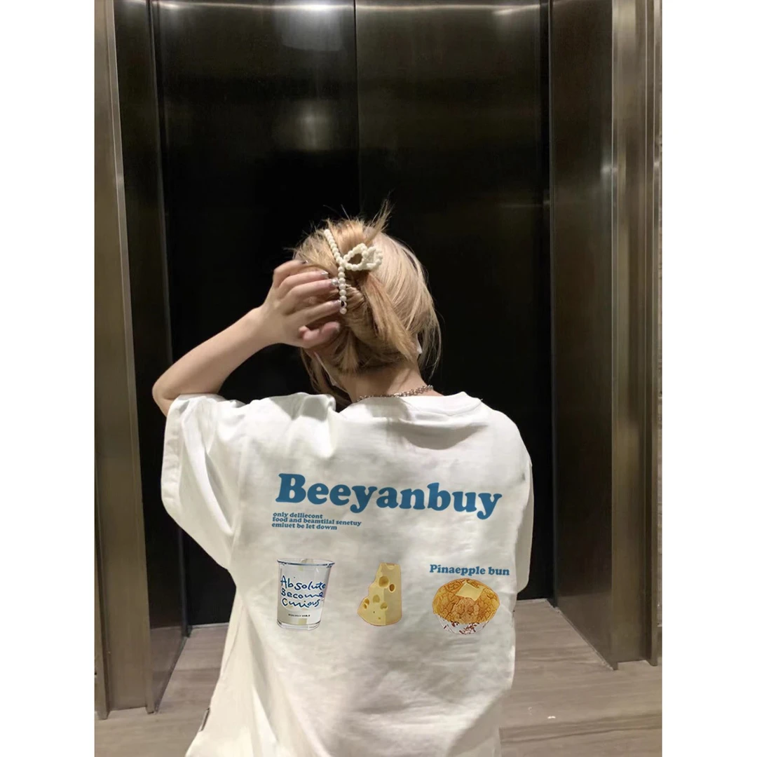 2025新款纯棉美式高街白色短袖宽松女t恤夏季创意卡通ins印花设计