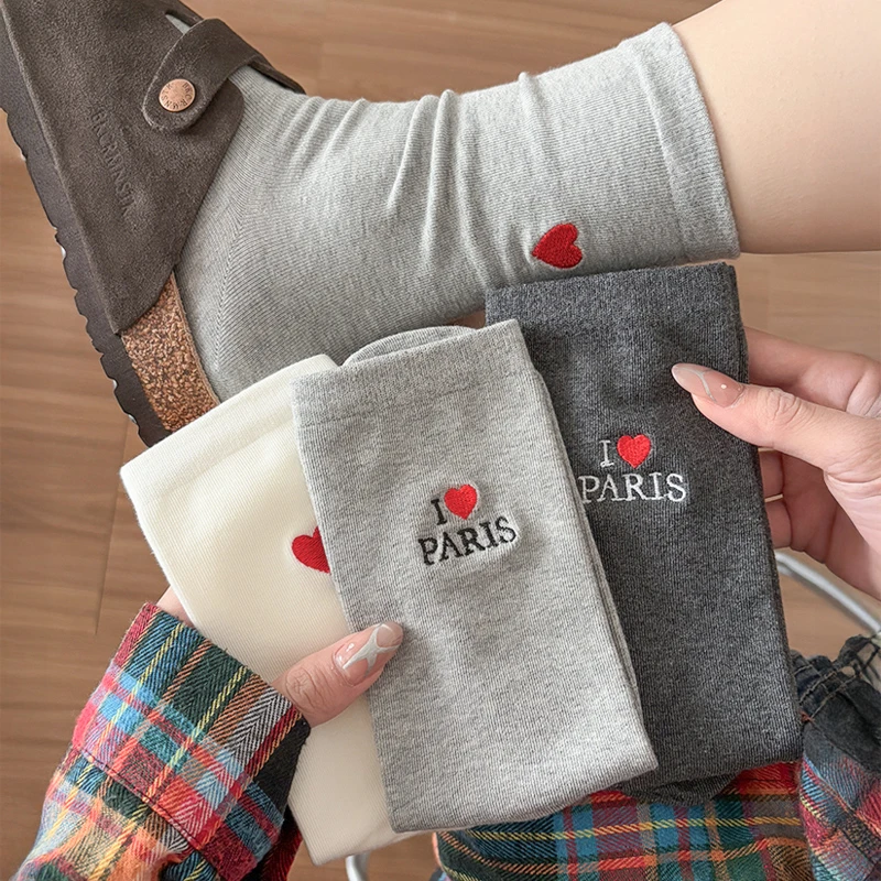 堆堆袜子女新款爆款春秋款AB款后跟爱心刺绣字母中筒棉袜韩系长袜