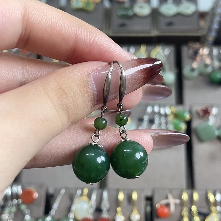 和田玉（碧玉）银S925镶嵌耳饰12左右