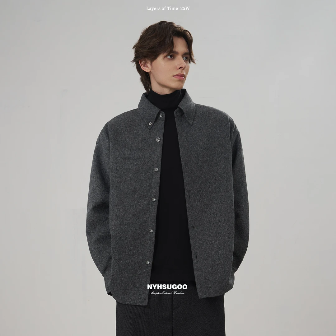 NYHSUGOO/南乙秋冬花灰色厚实粗花呢面料衬衫廓形3933男士外套