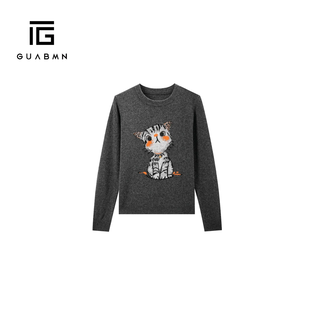 GUABMN2025秋季新款卡通猫咪提花圆领女士加厚百搭针织衫毛衣5913