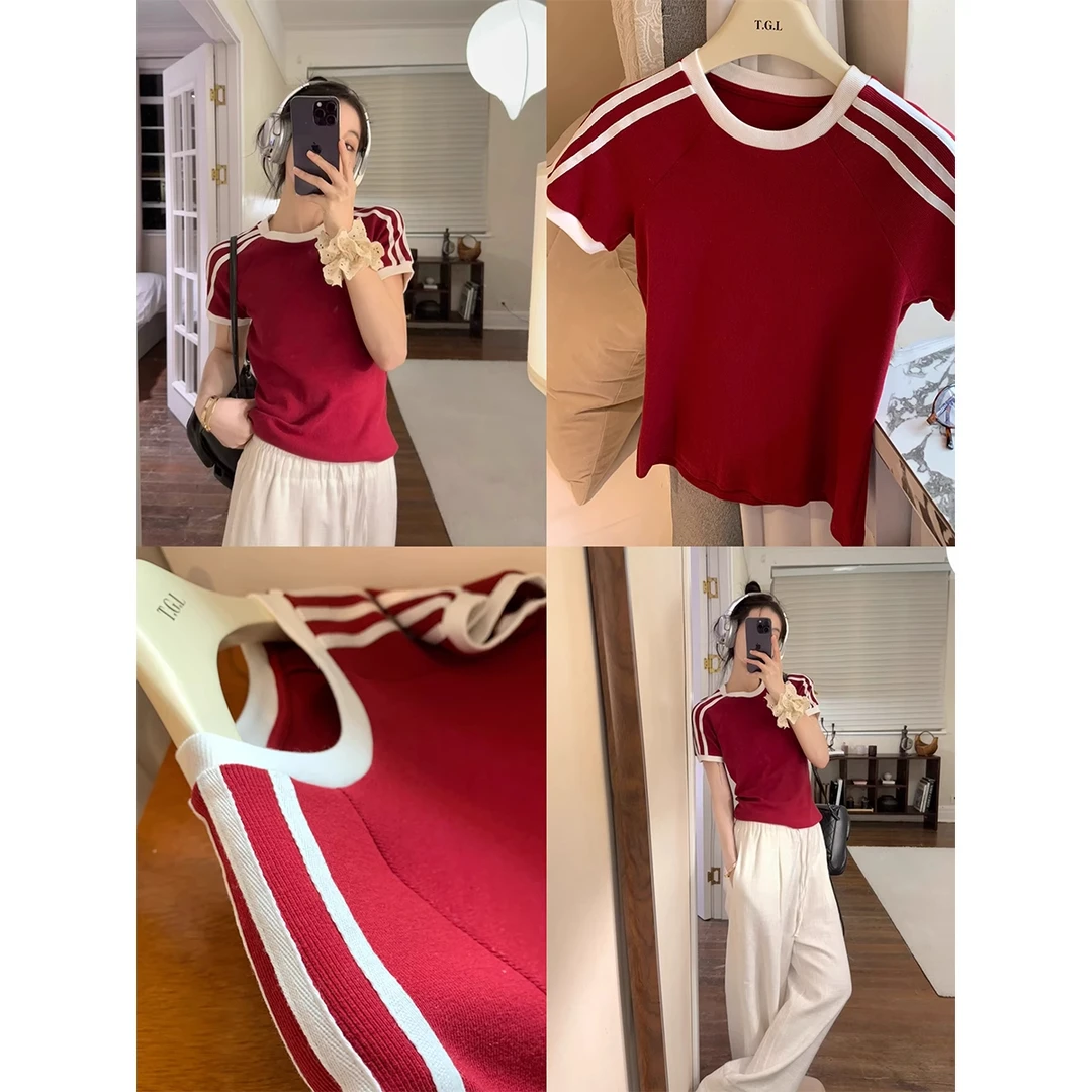 2025新款美式三条杠撞色短袖T恤女夏季修身插肩短款气质辣妹上衣