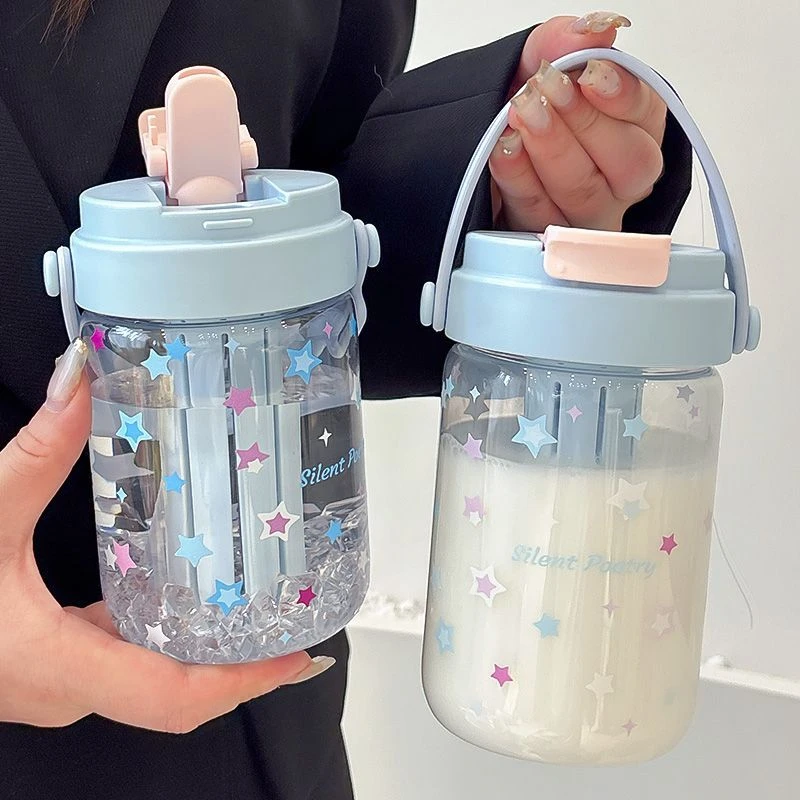 原创星星水杯大容量耐高温吸管玻璃杯子学生简约便携双饮玻璃水杯