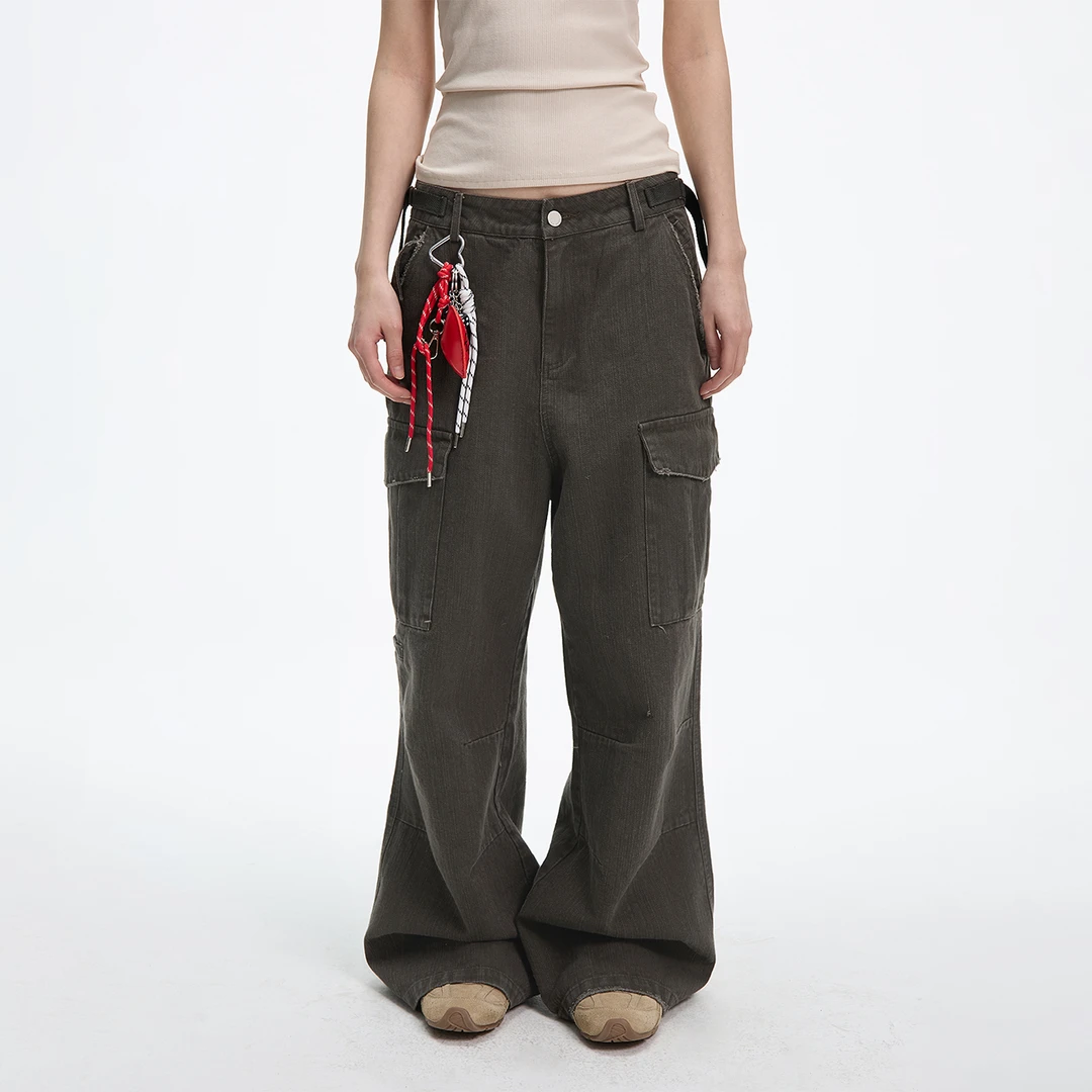 JUMPNEXT春季新款美式复古竹节棉休闲裤子顺色织带宽松工装长裤女