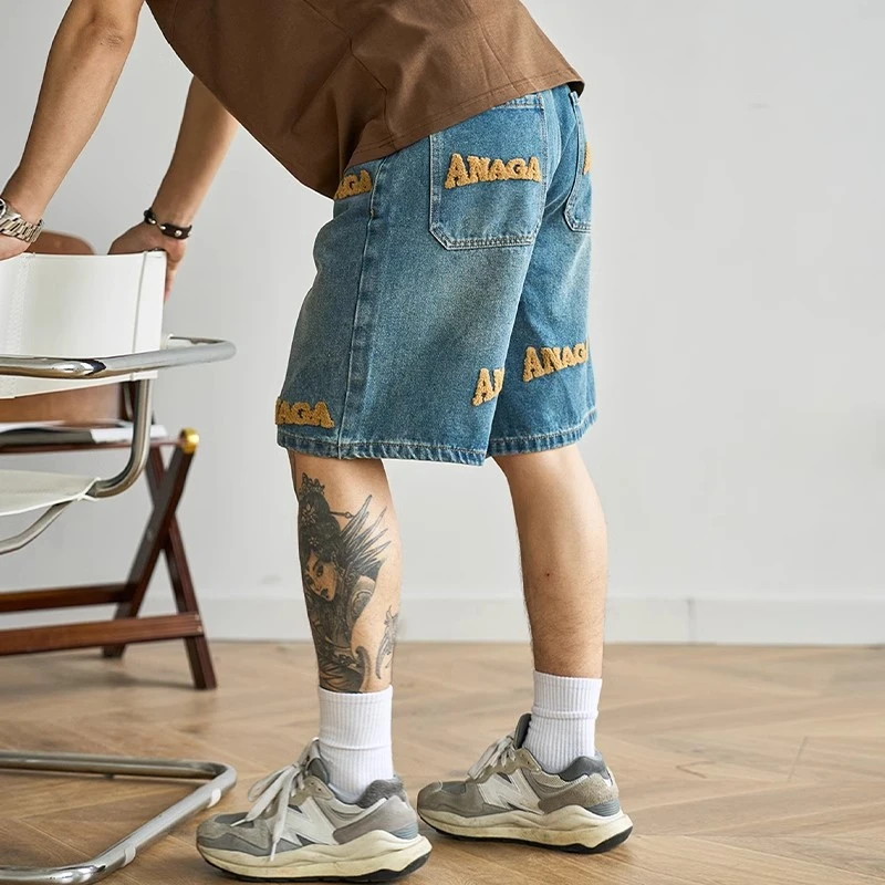 大码美式复古水洗刺绣牛仔短裤男士宽松直筒五分裤夏季休闲中裤男
