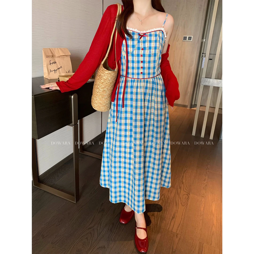 现货8332X大婉酱千千微胖定制【爱乐之城】复古港风吊带裙高腰长裙