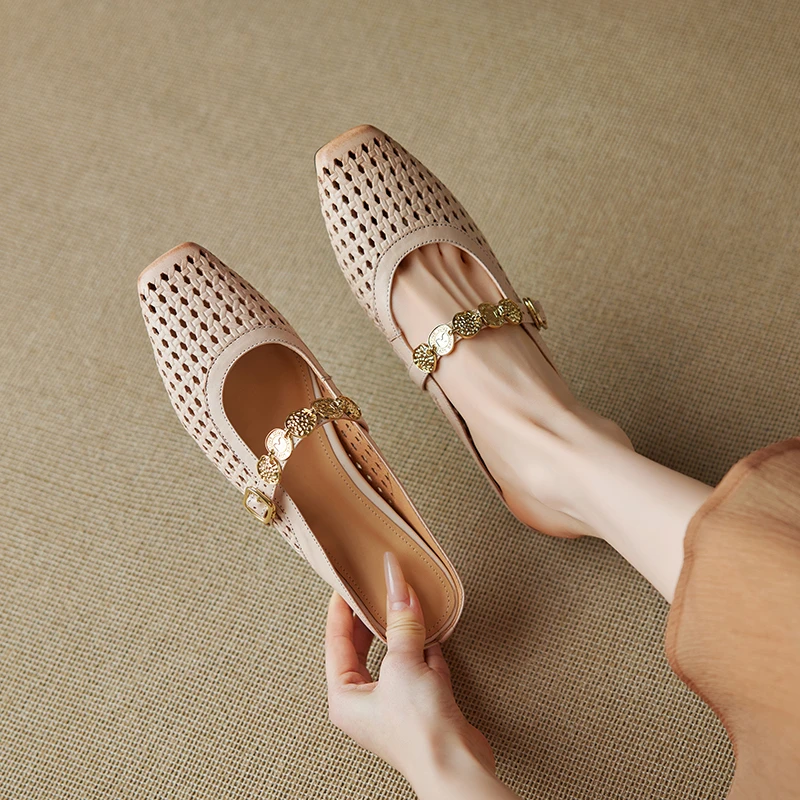 4cm 夏季圆头内增高平底半托法式复古外穿凉拖百搭休闲真皮拖鞋子