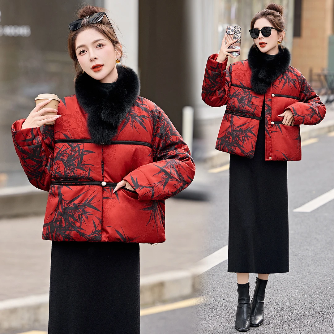 新中式国风羽绒服女短款2025冬季新款高端气质小个子真狐狸毛外套