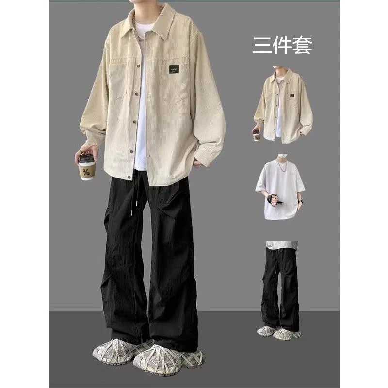 灯芯绒衬衫外套男生春秋季2025新款夹克三件套青少年痞帅休闲套装