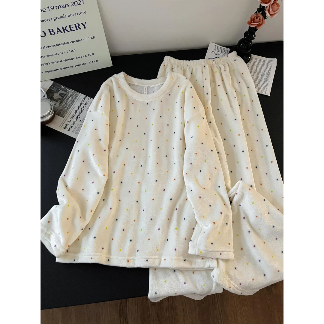 品牌精选珊瑚绒睡衣女士季加厚加绒保暖圆点甜美大码法兰绒家居服