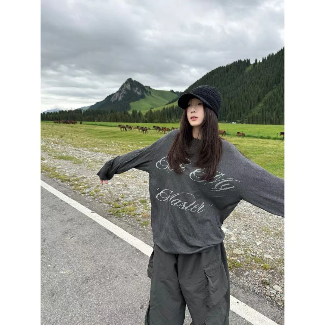 【陈碗饭】 烫钻圆领长袖T恤宽松夏季轻薄防晒罩衫上衣085