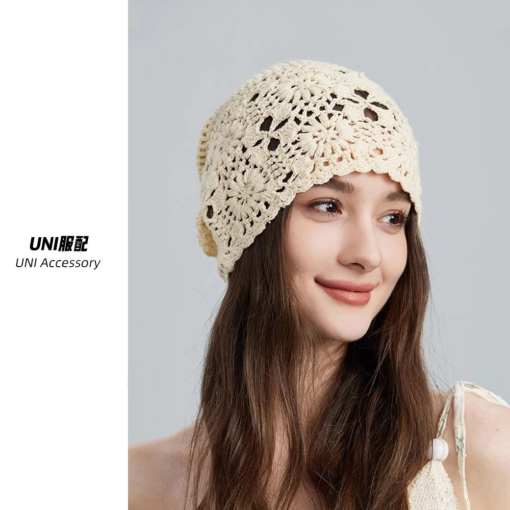 春季薄款镂空手工女帽子钩花遮白发头饰编织毛线针织帽网红包头帽