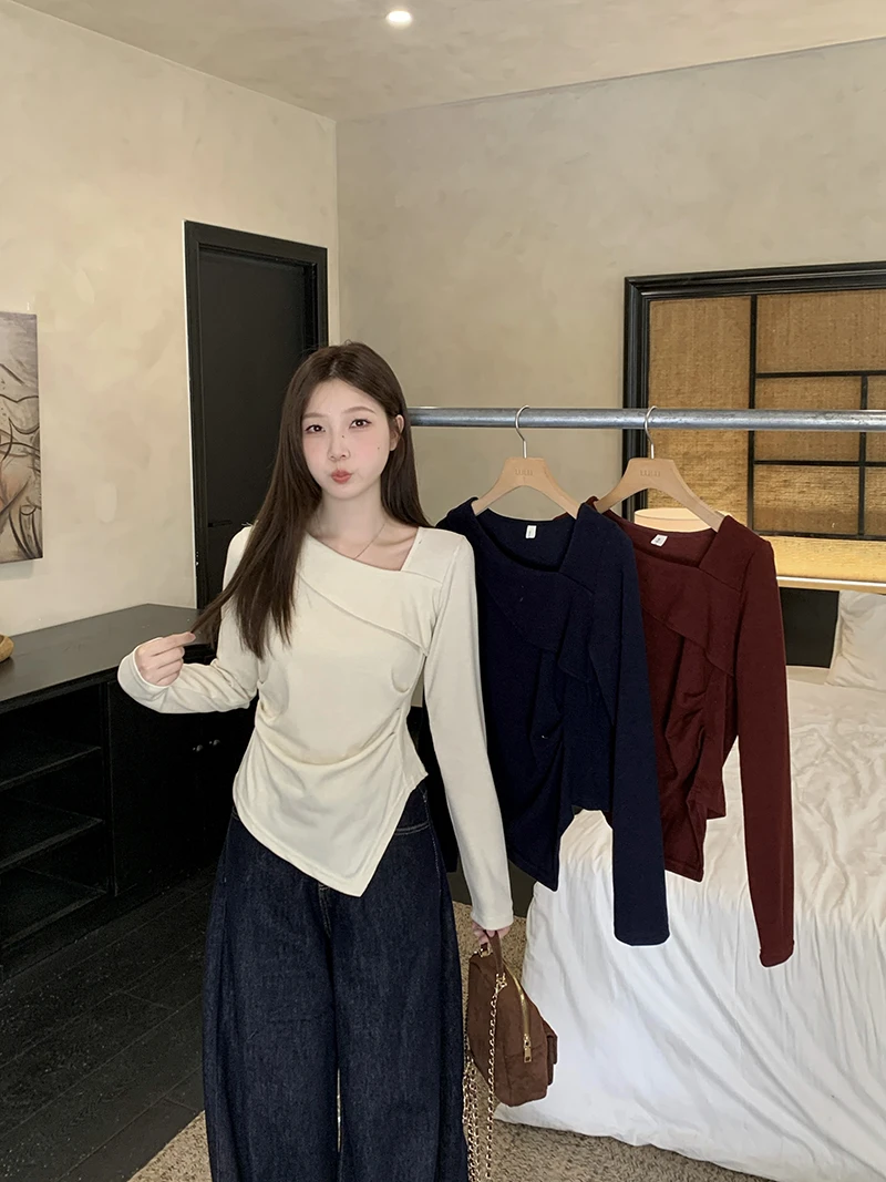 2025秋装新款胖mm大码女时尚设计感斜领不规则修身长袖T恤
