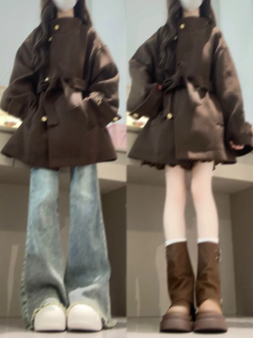 2025秋冬新款韩版绑带收腰毛呢大衣外套搭配微喇牛仔裤气质两件套