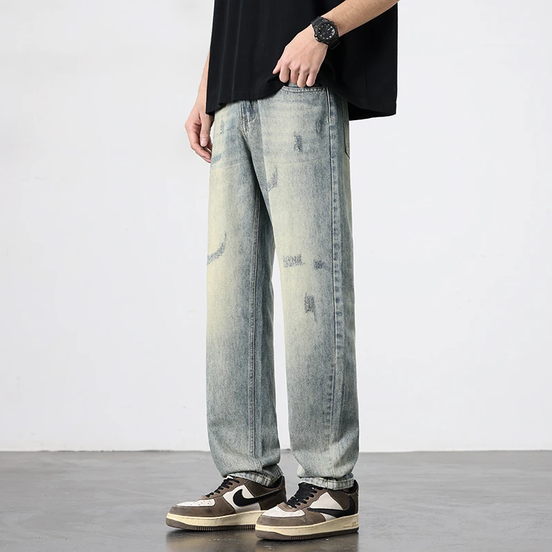 春夏夏季拼接长裤牛仔裤烫钻男款破洞美式裤子休闲宽松薄款潮流