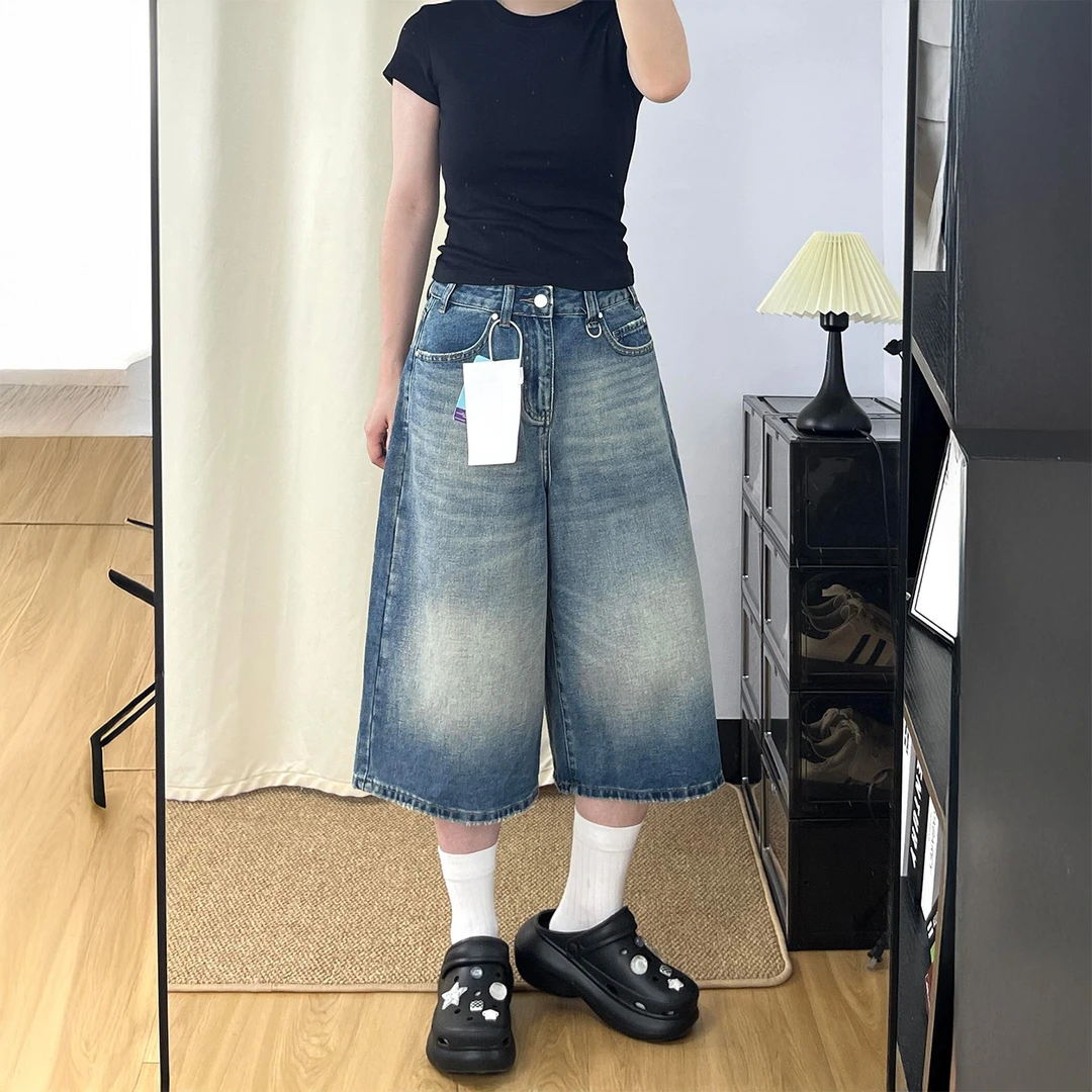 美式蓝色牛仔短裤女夏季新款胖妹妹mm宽松显瘦高腰阔腿七分中裤子