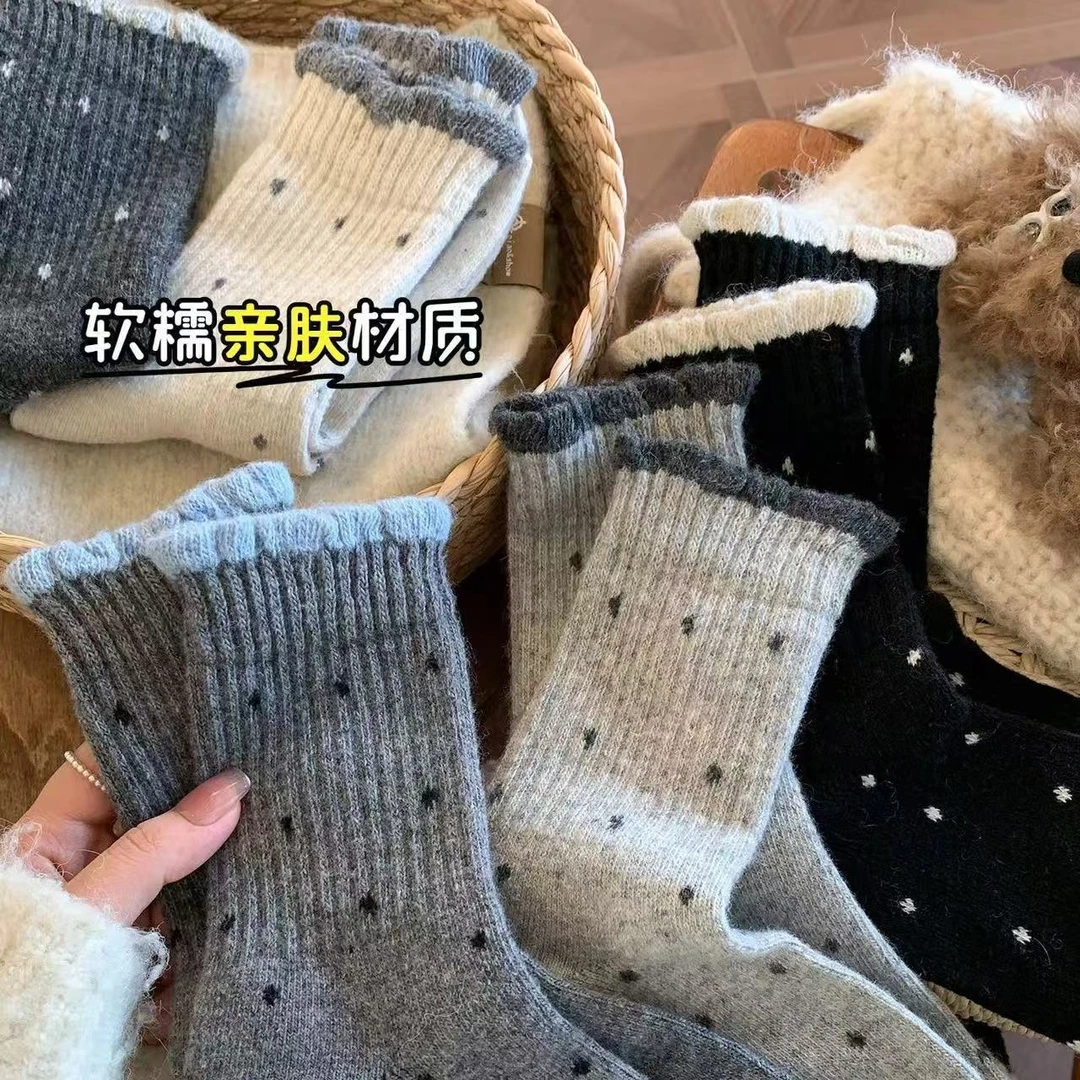 波点袜子女中筒袜加厚保暖花边配勃肯鞋冬天堆堆长筒袜