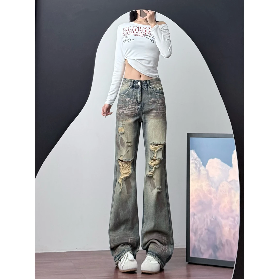 2025秋季美式高街复古破洞牛仔裤女高腰显高显瘦直筒拖地裤子7066