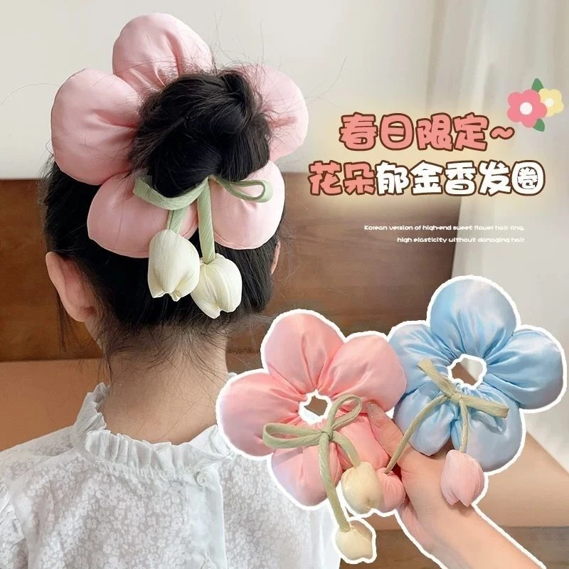 儿童花朵大肠发圈小女孩后脑勺丸子头头饰女童公主郁金香百搭发饰