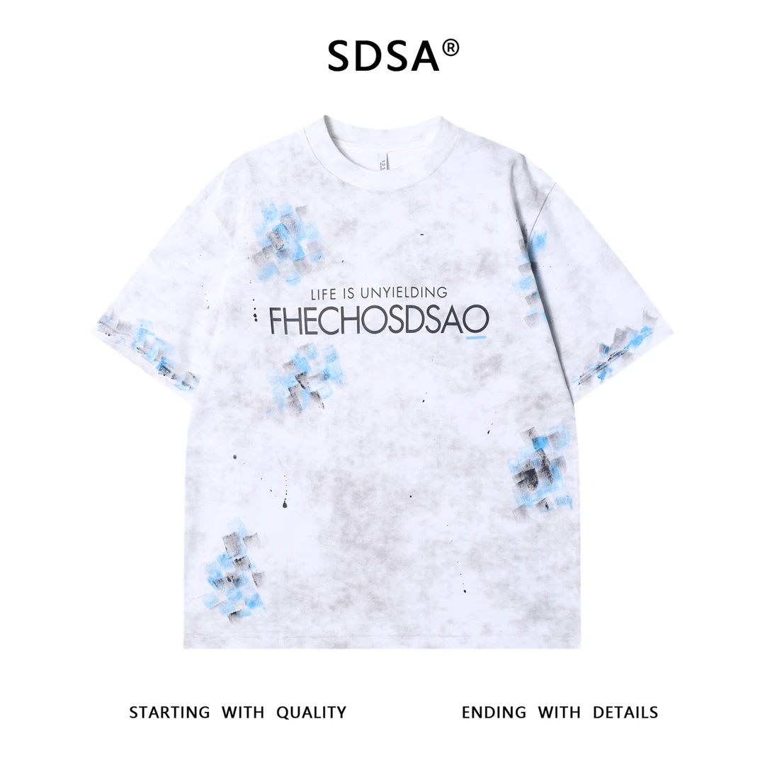 夏季高级感新款男士涂鸦字母印花圆领短袖T恤简约满天星宽松上衣