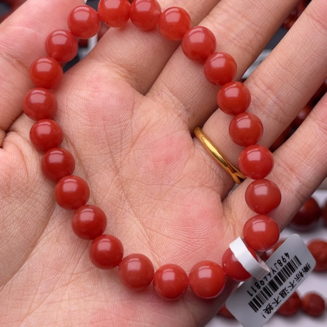 南红玛瑙未镶嵌手串Y8mm滴水洞亮光锦红手串
