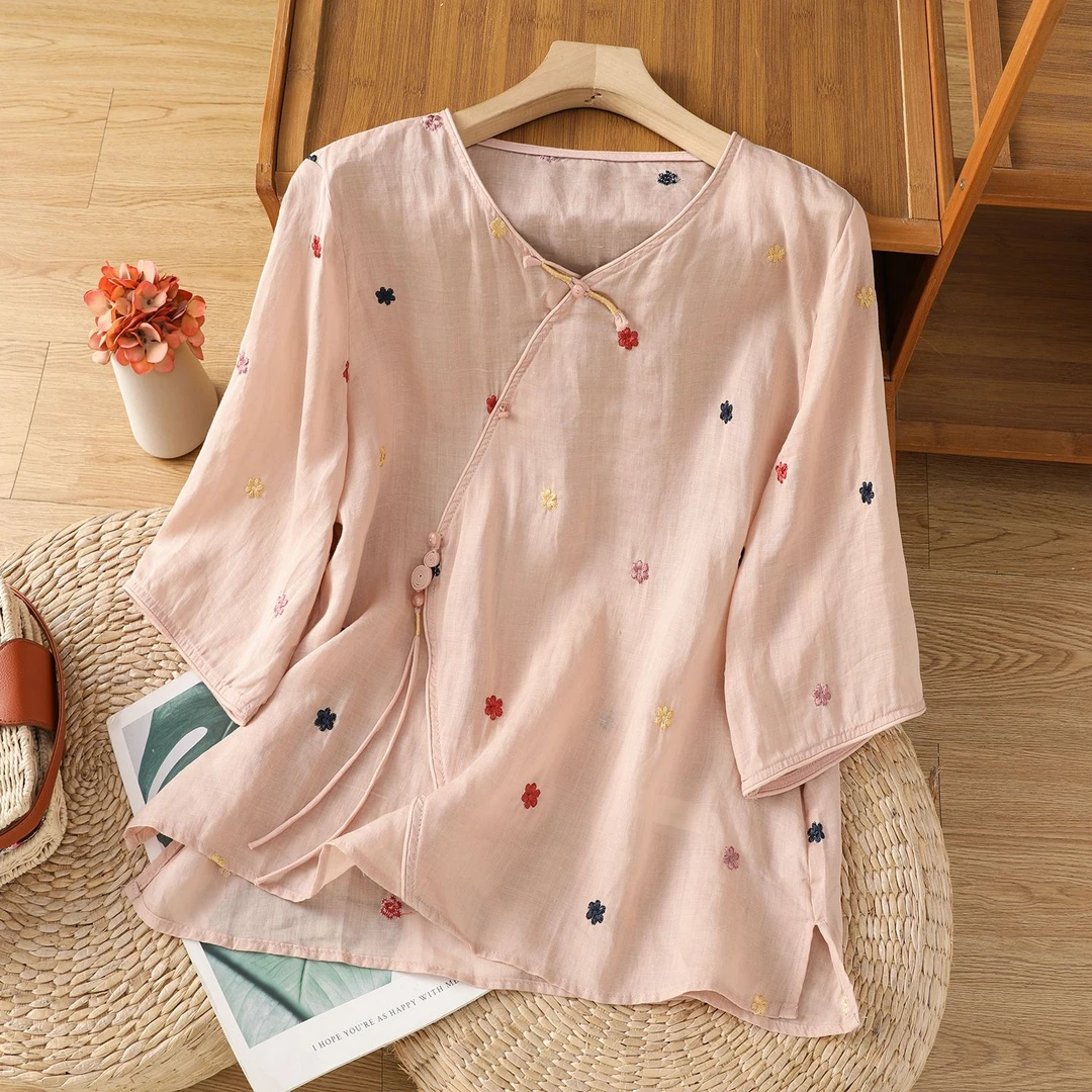 夏季刺绣斜襟薄款短袖T恤复古民族风盘扣流苏宽松衬衫女上衣小衫