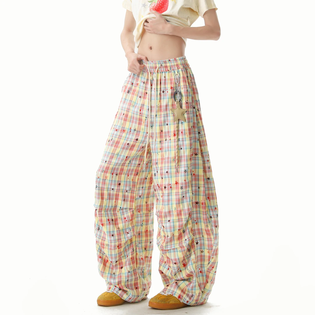 美式复古撞色格子裤女夏季百搭宽松弯刀休闲裤holdoumen弯刀裤