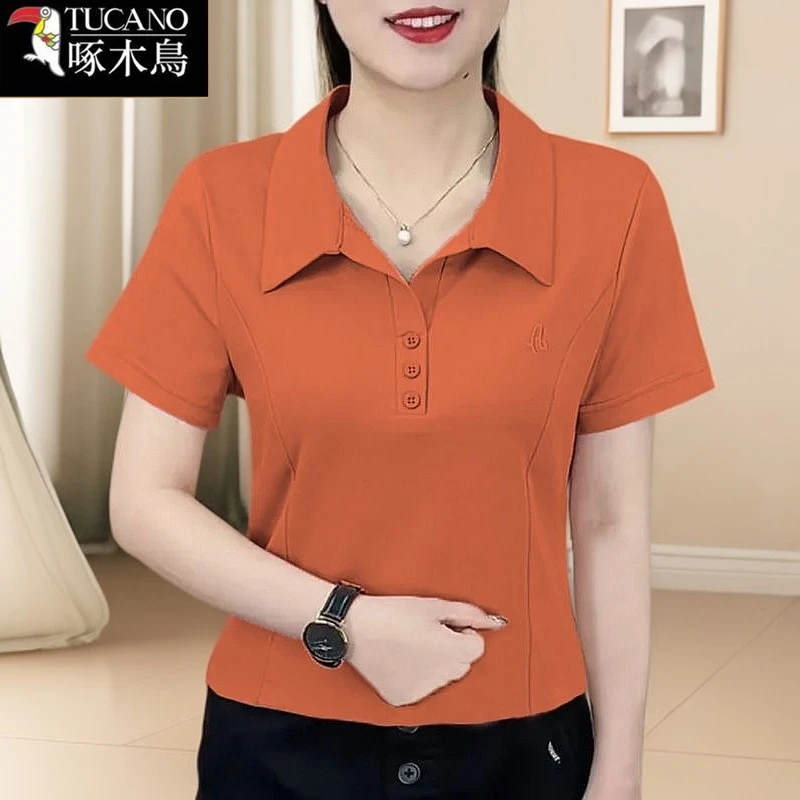 啄木鸟正品短袖刺绣T恤2025年新款夏季时尚显瘦纽扣POLO领上衣女