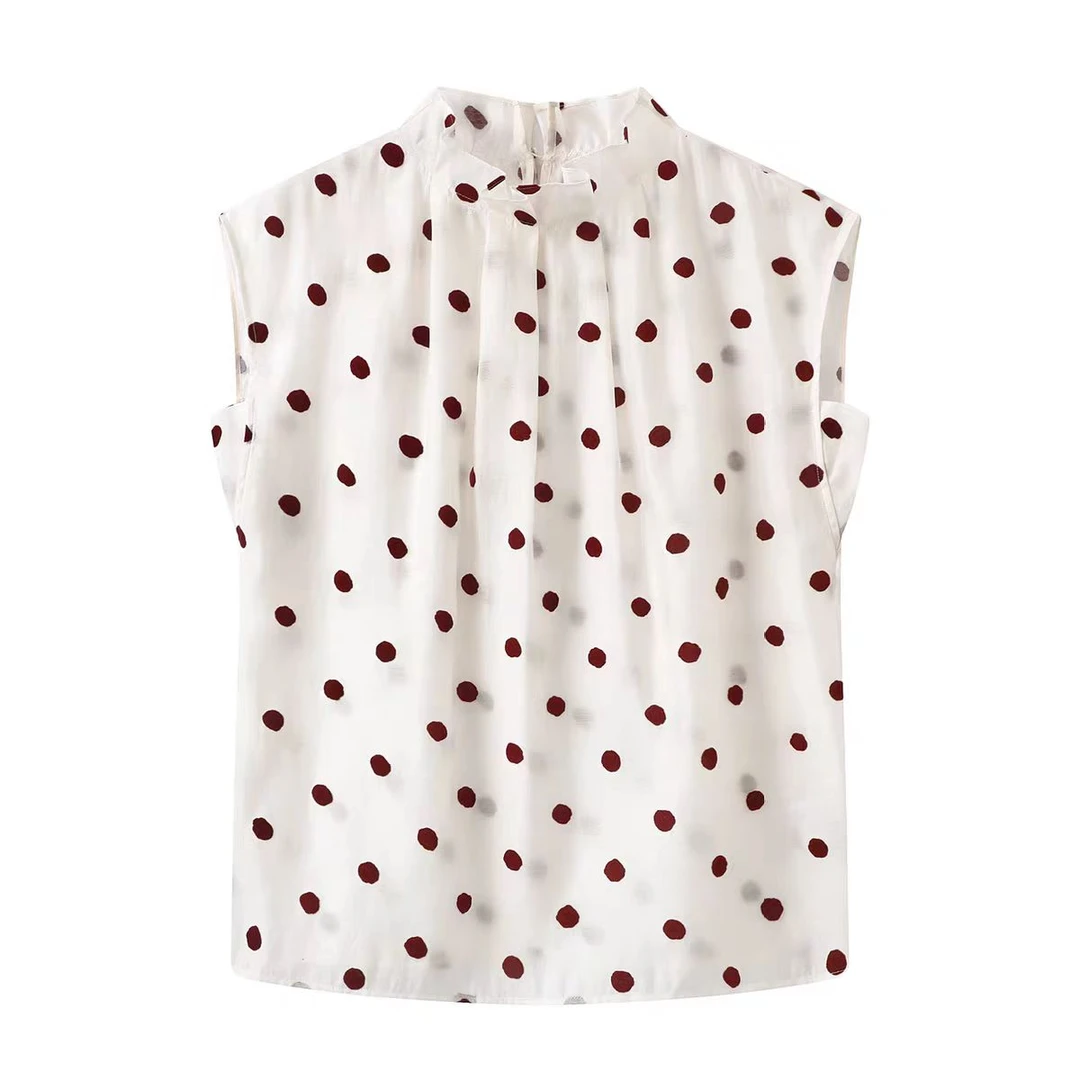 迪家新款莱赛尔波点无袖百搭衬衫衬衣25夏新薄透挂脖宽松印花上衣