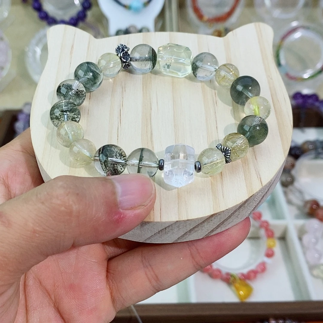 银S925镶嵌手链水晶绿幽灵手串+钛晶