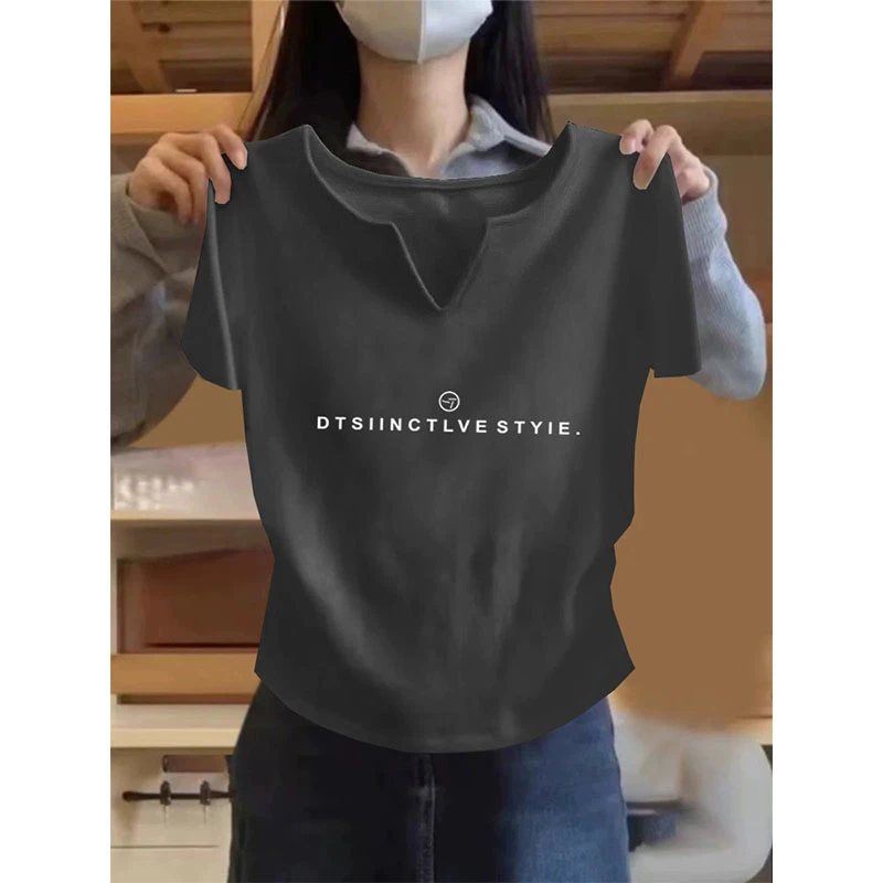 正肩V领短袖t恤女2025新款侧边褶皱收腰显瘦上衣打底衫春夏秋季潮