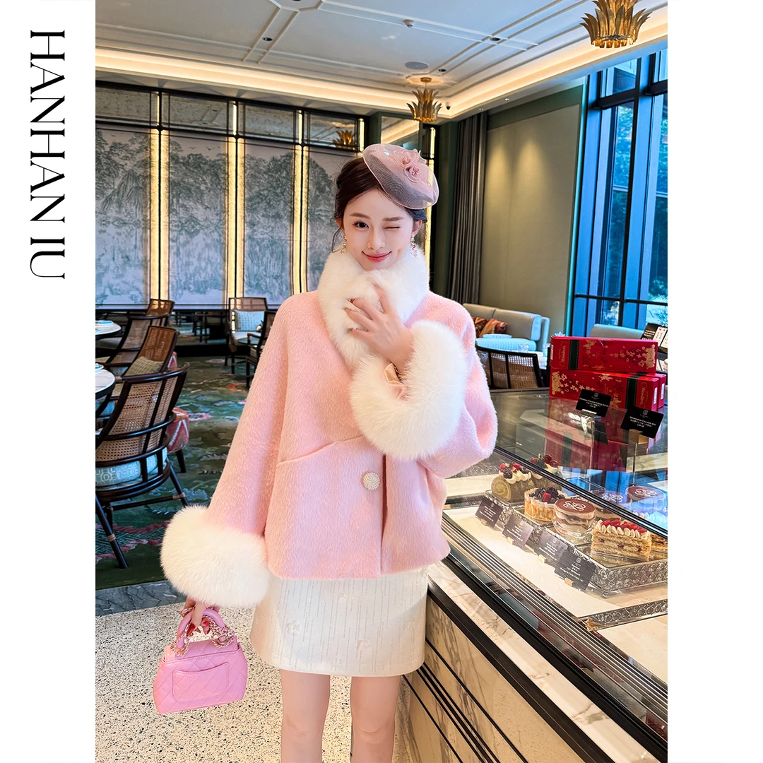 韩韩IU【似水年华】90白鹅绒苏利羊驼毛可拆卸狐毛围巾圆领羽绒大衣