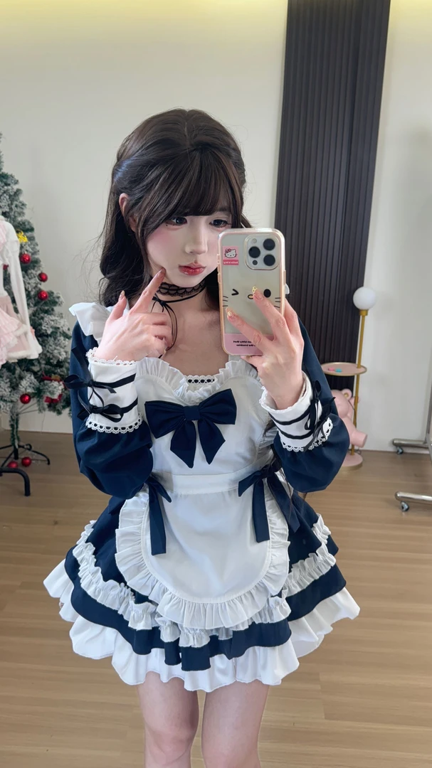 秋季长袖甜美少女女仆风收腰显瘦连衣裙+围裙送蝴蝶结套装