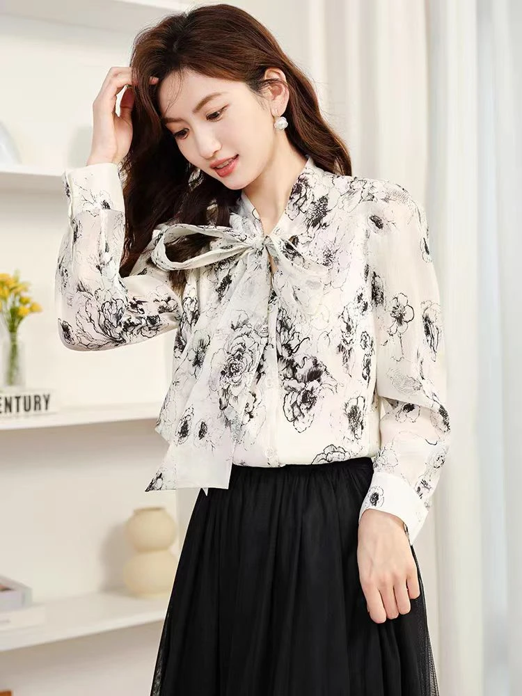 S402【专属】设计感别致2025显瘦印花蝴蝶结飘带衬衫RS-QH23CS039